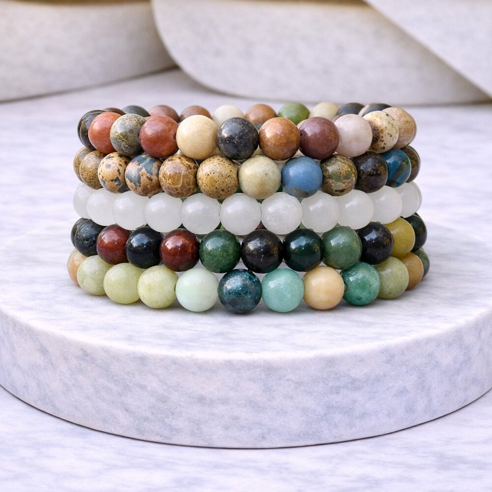 Bundle Deal: Natural Stone 8mm Beads Stretch Stack Bracelet Set Crystal Jewelry